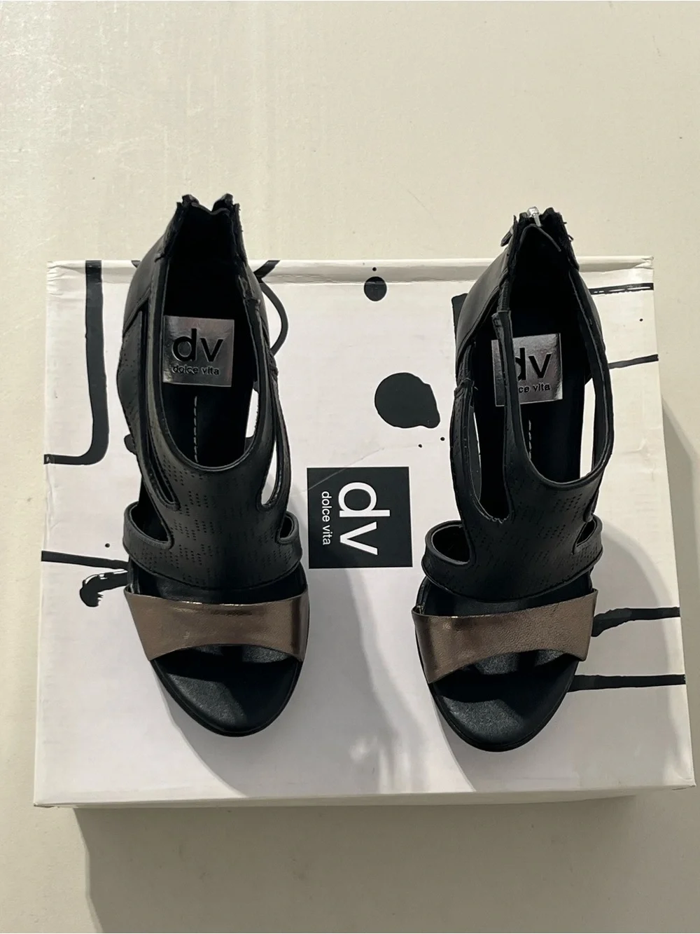 Dolce Vita Black and Metallic Bronze Strappy High Heel Sandals